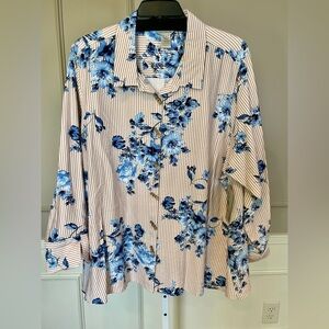 Multiples NWT 3X Button Down Blouse Top Shirt Creme Brule Tan Stripe Blue Floral